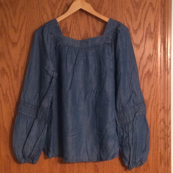 Lauren Conrad Indigo Medium Lightweight Denim Square Neck Blouse - Picture 2 of 5